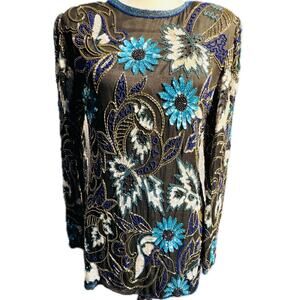 VTG Floral Sequined Beaded 100% Silk Party Dress Women 10/12 Black Teal White